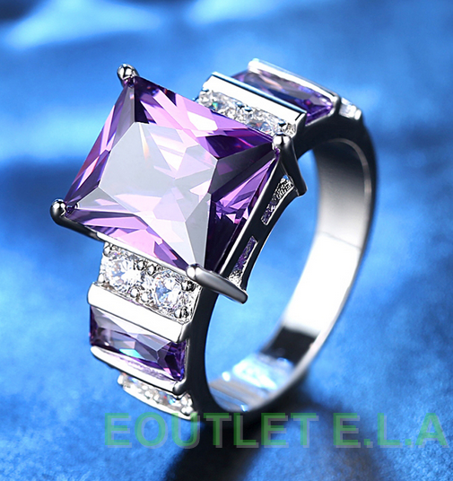 EXQUISITE EMERALD PURPLE CZ WHITE GOLD DRESS RING-size 9